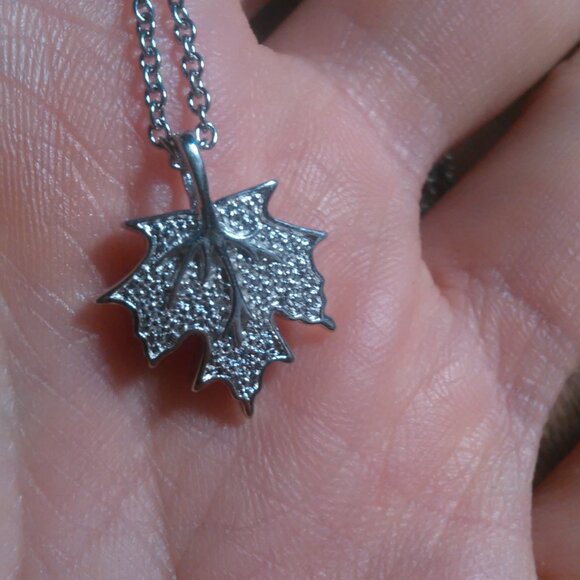 White Diamond Accent Platinum Bond Leaf Pendant Stainless Steel Necklace - Picture 5 of 10